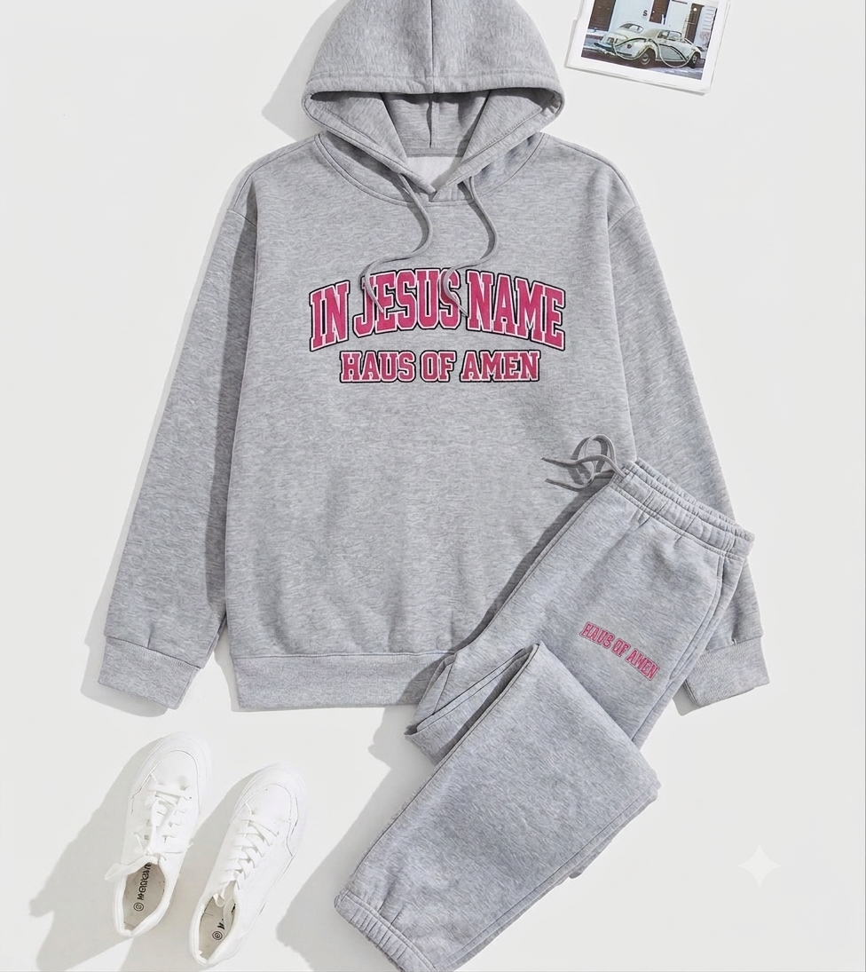 HAUS OF AMEN In Jesus Name Tracksuit Set | Heather Grey & Pink